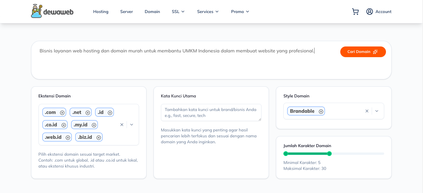 ai domain advisor - ceritakan ide bisnisnya